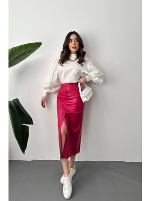Moda Days Kadın Fuşya Yüksek Bel Yırtmaçlı Süs Patlı Kalem Kesim Midi Etek