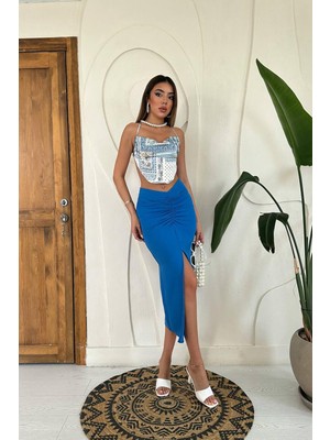 Moda Days Kadın Mavi Yırtmaçlı Midi Etek Büzgü Detaylı Yüksek Bel Düz Kalem Kesim
