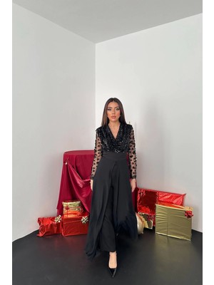 Moda Days Kadın Siyah Tulum V Yaka Payetli Tül Uzun Kollu Etek Görünümlü Geniş Paça