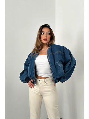 Moda Days Kadın Mavi Denim Bomber Ceket Fermuarlı Cepli Ribanalı Crop