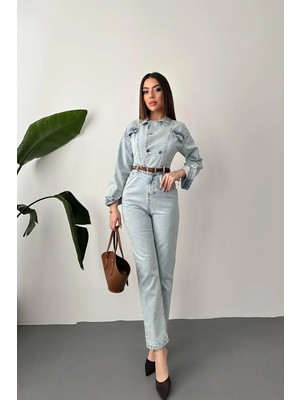 Moda Days Kadın Kar Yıkama Kar Yıkamalı Denim Tulum Gömlek Yaka Düğmeli Yüksek Bel Uzun Kollu