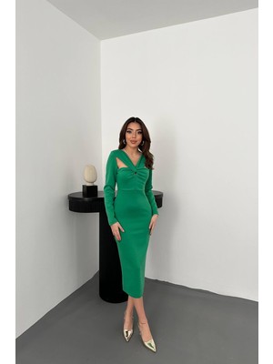 Moda Days Kadın Yeşil Midi Kalem Elbise Göğüs Büklüm Detaylı Cut-Out V Yaka Uzun Kollu