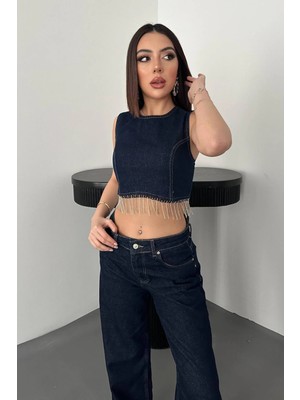 Moda Days Kadın Mavi Denim Crop Bluz Yuvarlak Yaka Kolsuz Zincir Detaylı Fermuarlı