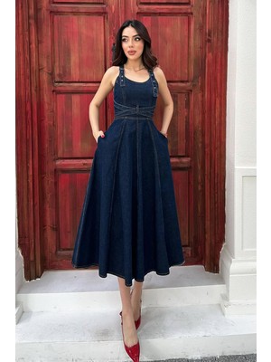 Moda Days Kadın Mavi Askılı Kemerli Cepli Kare Yaka A Kesim Midi Denim Elbise
