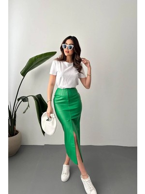 Moda Days Kadın Yeşil Yüksek Bel Yırtmaçlı Süs Patlı Kalem Kesim Midi Etek
