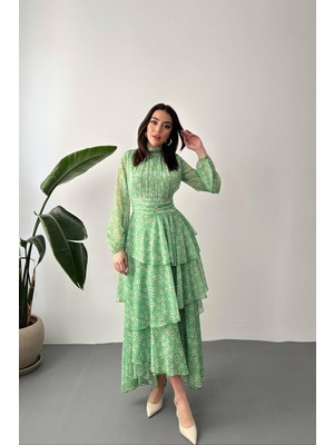 Moda Days Kadın Yeşil Çiçek Desenli Hakim Yaka Uzun Kollu Bel Detaylı Katlı Maxi Elbise