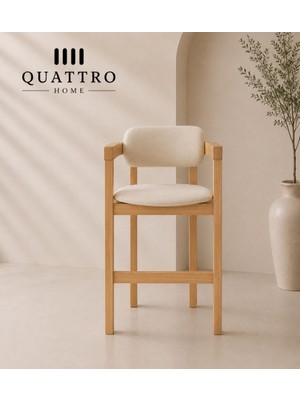 Quattro Home Solenne Masif Dişbudak Ahşap Krem Döşemeli Bar Sandalyesi