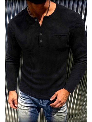 Oksit Fer Erkek Düğme ve Sahte Cep Detaylı Slim Fit Henley Yaka Uzun Kollu T-Shirt