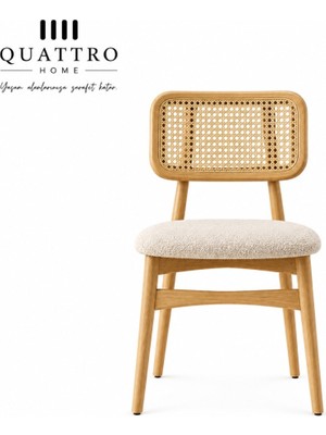 Quattro Home Riviera Doğal Rattan Hasır Sırtlı Masif Ahşap Yemek Sandalyesi – Krem
