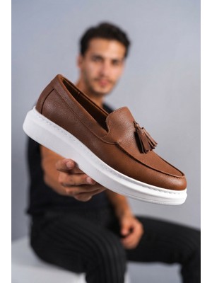 Zerenyus ZRJ154 Yüksek Kalite Bağcıksız Püsküllü Erkek Günlük Loafer - Taba Beyaz