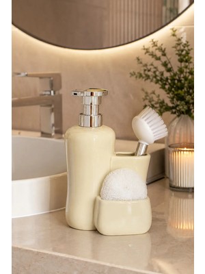 Porsima Tezgah Üstü Fırçalı Süngerli Mutfak Banyo Porselen Sıvı Sabunluk Takımı Seti Krem 550 ml