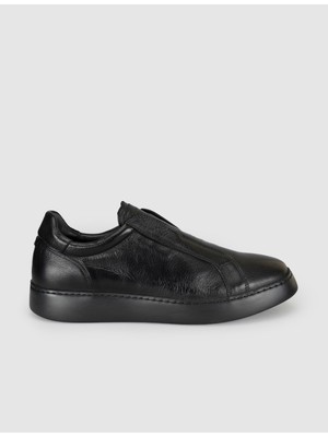 Cabani Hakiki Deri Siyah Bağcıksız Erkek Sneaker