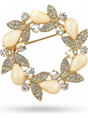Serelya Gold Krem Detaylı Zirkon Taşlı Broş