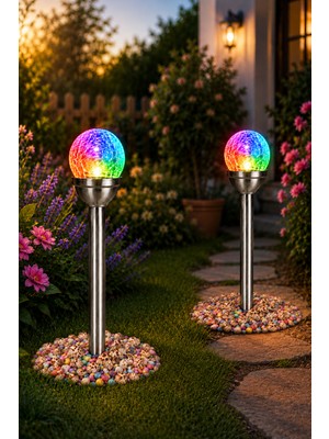 Empressco 2 Adet Premium Paslanmaz Solar Bahçe Lambası, Aurora Efektli Kristal Cam Küre, Fotoselli Rgb ve Beyaz LED Işık, Güneş Enerjili, Su Geçirmez, Dekoratif Peyzaj Aydınlatması, Taş ve Deniz Kabuğu Hediyeli