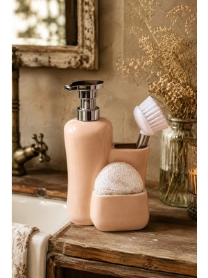 Porsima Tezgah Üstü Fırçalı Süngerli Mutfak Banyo Porselen Sıvı Sabunluk Takımı Seti Pudra 550 ml
