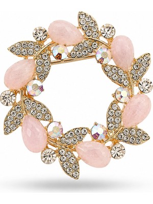 Serelya Gold Pembe Detaylı Zirkon Taşlı Broş