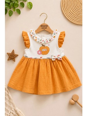Dinamik çocuk %100 Pamuk Bebe Yaka Elma Nakışlı Altı Müslin Yazlık Kız Bebek Elbise 3-6/6-9/9-12/12-18/18-24AY