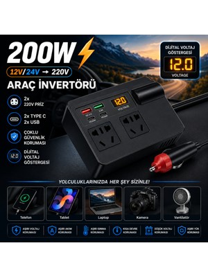 Coofbe 200W Araç Inverteri 12V 24V 220V Güç Dönüştürücü 2 Priz PD30W Type-C Qc3.0 Hızlı Şarj Dijital Ekran