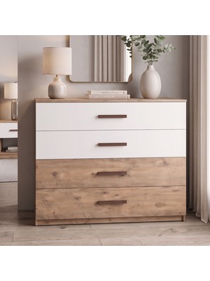 Canisa Zenvare Modern 4 Çekmeceli Antik Çam ve Beyaz Şifonyer