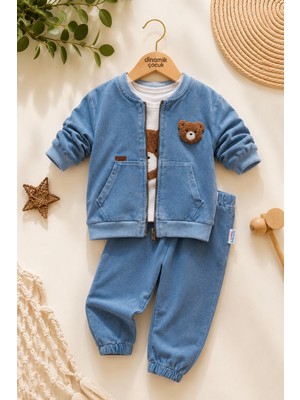 Dinamik çocuk Erkek Bebek Ayıcık Nakışlı 3'lü Takım Denim Kot Görünümlü Fermuarlı Ceket + Badi + Eşofman Altı Mevsimlik Bayramlık 6-9-12-18-24AYLIK