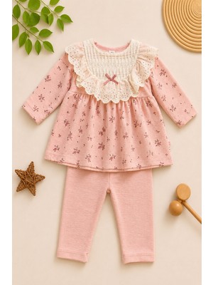 Dinamik çocuk Kız Bebek Çiçek Desenli Dantelli Fırfırlı Yaka 2li Takım Uzun Kollu Mevsimlik 3-6-9-12-18-24AY