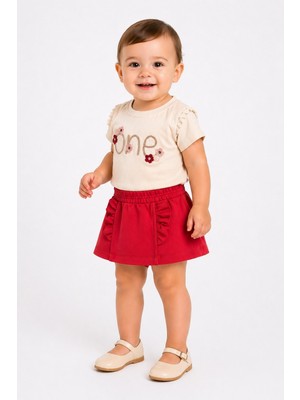 Dinamik çocuk Kız Bebek 2'li Yazlık Takım One Nakışlı Dantelli Tişört ve Fırfırlı Etek Görünümlü Şort (Skort) 6-9-12-18-24 Aylık