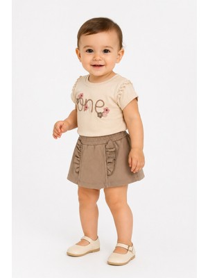 Dinamik çocuk Kız Bebek 2'li Yazlık Takım One Nakışlı Dantelli Tişört ve Fırfırlı Etek Görünümlü Şort (Skort) 6-9-12-18-24 Aylık