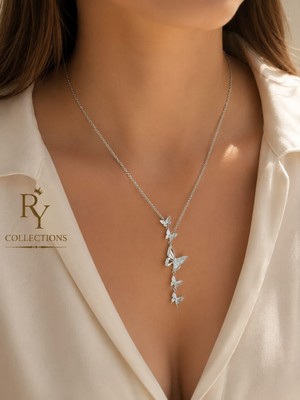 Ry Collections Zirkon Taşlı 5'li Sıralı Kelebek Detaylı Gümüş Sallantılı Çelik Kolye