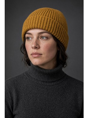 Mollycrush Unisex Kışlık Camel Bere - Kalın Örgü Katlamalı  Triko Şapka