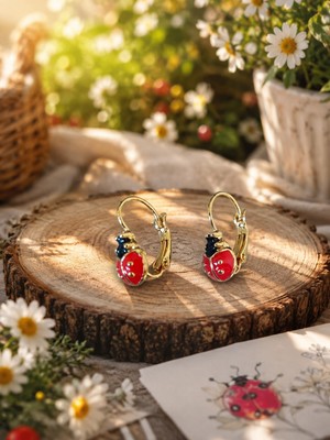 Lia Charm Uğur Böceği Figürlü Kadın Küpe Kırmızı Gold Renk Bijuteri Tasarım