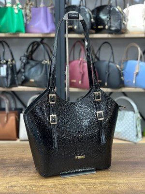 V'SHINE Model 3106 - Tokalı Büyük Boy Çanta - Siyah Rugan Leopar