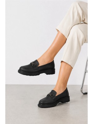 Ht Hotin Axiom Ortopedik Kadın Loafer | Metal Tokalı Suni Deri Kalın Taban Ayakkabı - Siyah