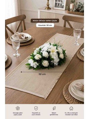 Ecrella 50 cm Yapay Çiçek Masa Ortası Aranjmanı Beyaz Gül ve Lilyumlu Dekoratif Salon & Davet Süsü