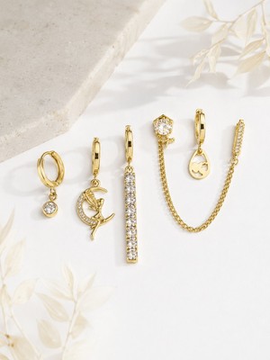 Serelya Gold Renk Pirinç Zirkon Taşlı 6'lı Küpe Set Kombini