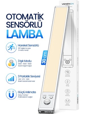 Venenon 30 cm Hareket Sensörlü Şarjlı LED Dolap Lambası 2200 Mah Şarjlı Manyetik 3 Renk Type-C Kablosuz 1015