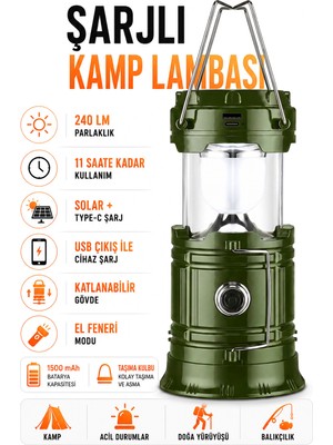 Venenon 3 Fonksiyonlu Şarjlı Solarlı Kamp Lambası El Feneri Powerbank Özellikli Taşıma Kulplu Haki 5800T