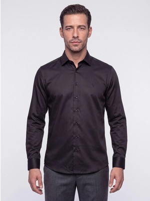 White Stone Siyah Non-Iron Pamuklu Dynamic Fit Erkek Uzun Kollu Gömlek