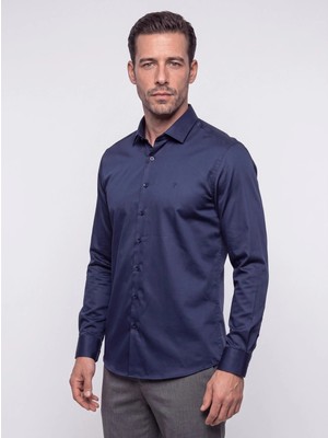 White Stone Lacivert Non-Iron Pamuklu Dynamic Fit Erkek Uzun Kollu Gömlek