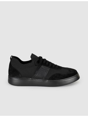 Cabani Siyah Hakiki Deri Triko Detaylı Bağcıklı Erkek Sneaker