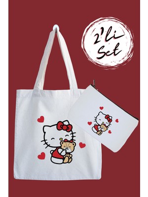 Designedfy Hello Kitty 4 Su Geçirmez Bez Çanta ve Kalemlik 2'li Avantaj Seti