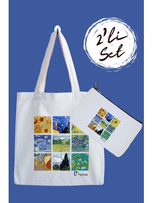 Designedfy Van Gogh Kolaj 2 Baskılı Bez Çanta ve Kalemlik Seti Çevre Dostu Materyal ile Modern Tasarım
