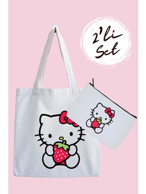 Designedfy Hello Kitty Çilek Su Geçirmez Bez Çanta ve Kalemlik 2'li Avantaj Seti