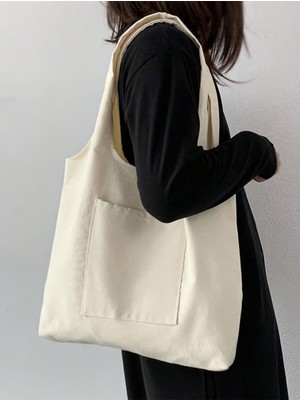 Designedfy Bej Kanvas Körüklü Kumaş Cepli Şık Çanta, Kadın Kol Çantası 35X35X10CM