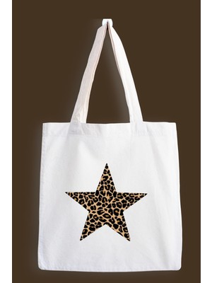 Designedfy Leopar Star Baskılı Bez Çanta, Tote Bag