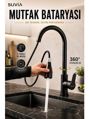 Suvia Mutfak Bataryası 3 Fonksiyonlu 360° Döner Uzatmalı Çekilebilir Başlıklı Evye Musluğu