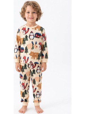 Bunny Hopp Kız ve Erkek Çocuk Uzun Kollu Pijama Takımı %100 Pamuk Bej Kış Ormanı ve Yılbaşı Desenli Penye