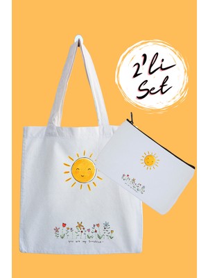 Designedfy You Are My Sunshine Baskılı Bez Çanta ve Kalemlik Seti