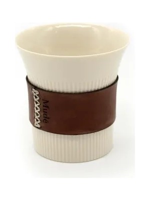 Vivense Fluted Stoneware Bardak, Deri Tutacaklı Krem