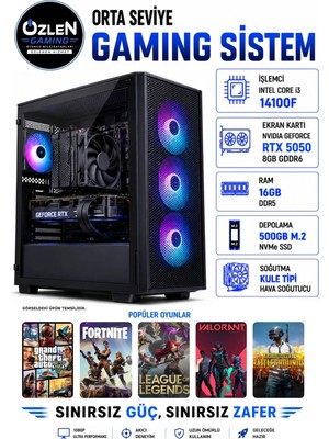 Özlen X56 İ3 14100F RTX 5050 8GB 16GB DDR5 RAM 500GB M.2 SSD Oyuncu Bilgisayarı