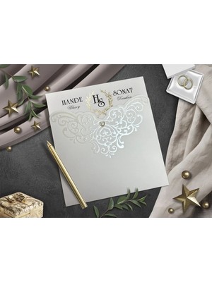 Kabartmalı Yaldızlı Düğün, Nikah, Nişan, Kına Davetiyesi (100 Adet)